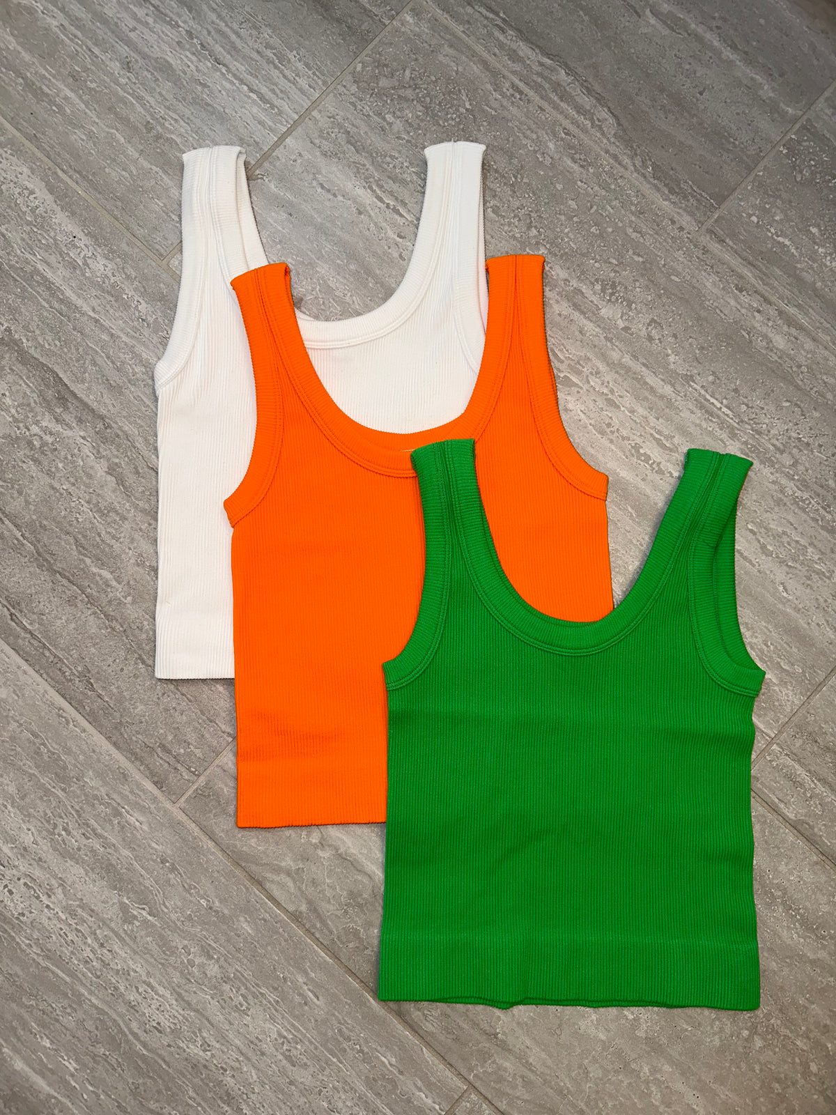 crop, tank, seamless, stretchy, thick, top, green, neon, orange, white