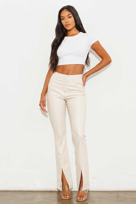 Vegan Leather Split Hem Pant-THE CLOTHING CAPITAL