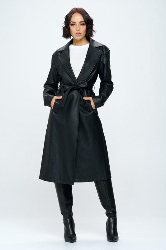 Fallon Faux Leather Trench Coat-THE CLOTHING CAPITAL