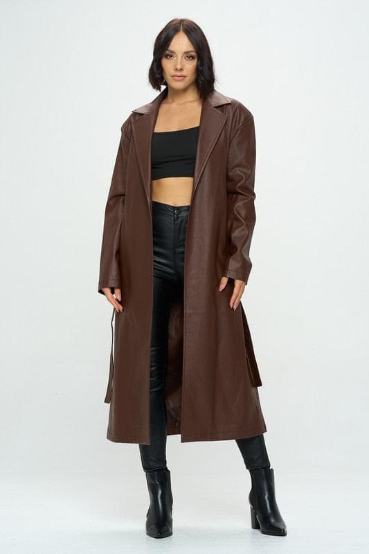 Fallon Faux Leather Trench Coat-THE CLOTHING CAPITAL